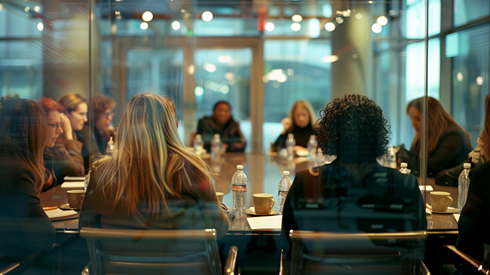 Business women meet at a large conference table