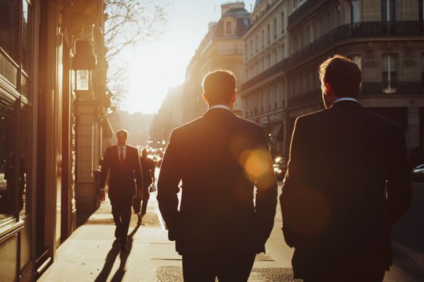 Two businessmen walking down a French street