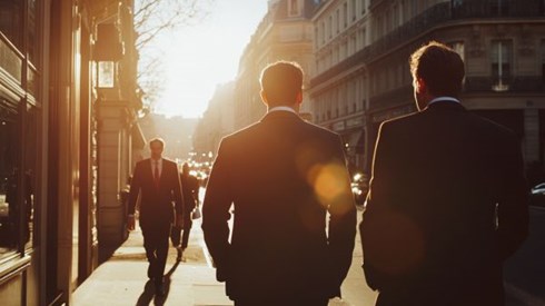 Two businessmen walking down a French street