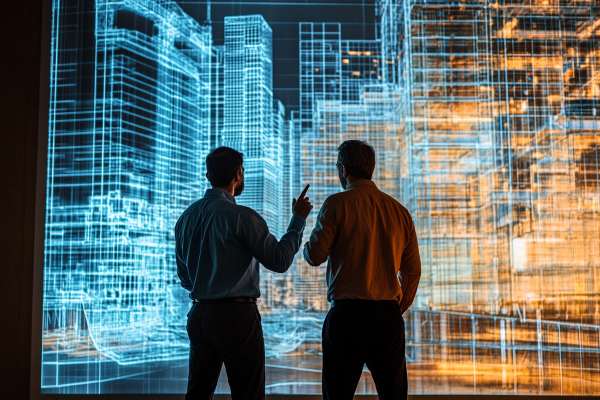 two business professionals conferring in front of projected skyscraper blueprints