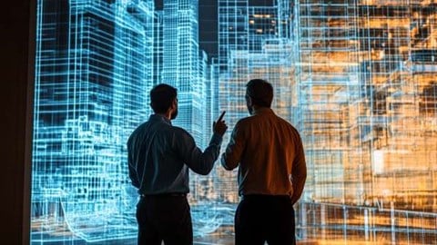 two business professionals conferring in front of projected skyscraper blueprints