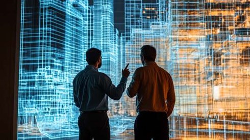 two business professionals conferring in front of projected skyscraper blueprints
