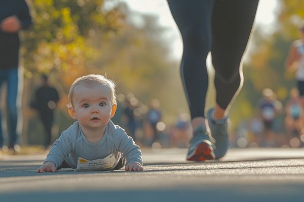 baby crawling next to a marathon runner