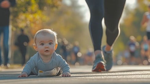 baby crawling next to a marathon runner