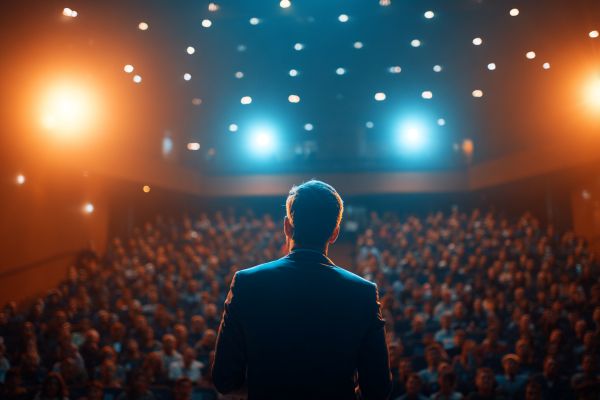 back view of a businessman speaking to an auditorium full of people and orange and blue lights