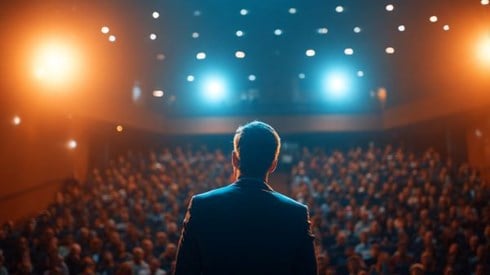 back view of a businessman speaking to an auditorium full of people and orange and blue lights