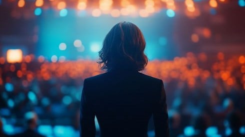 back of a businesswoman standing on a stage in front of a crowd