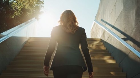 the back of a businesswoman walking up stairs into the sun
