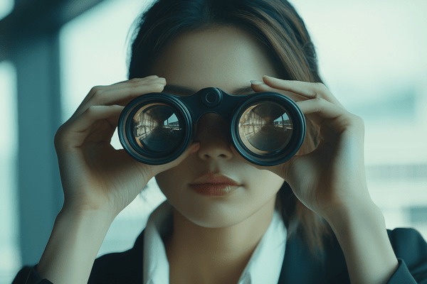 Closeup of a businesswoman looking through binoculars