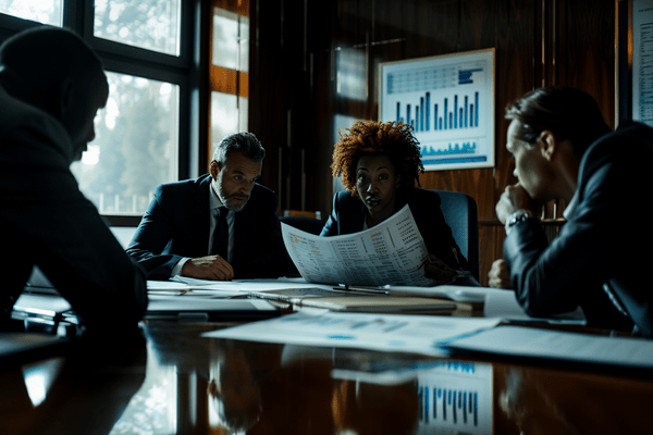 Business professionals reviews charts and graphs are a boardroom table