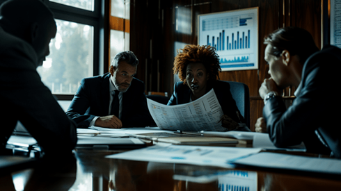 Business professionals reviews charts and graphs are a boardroom table