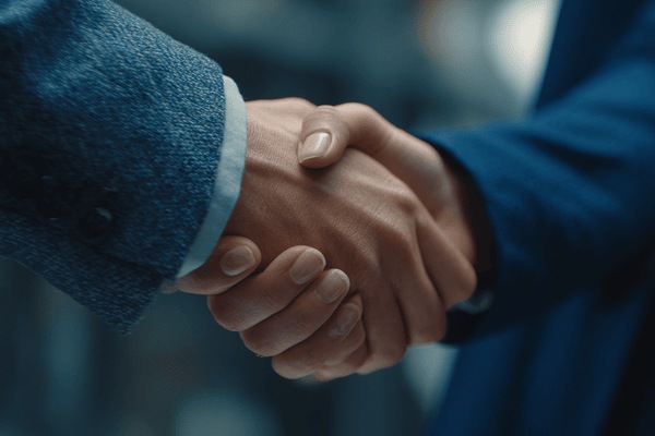Close-up of a businessman and a businesswoman shaking hands