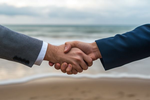 two businesspeople's hands shaking on a beach