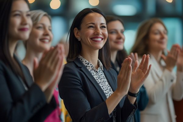 group of women business professionals cheering