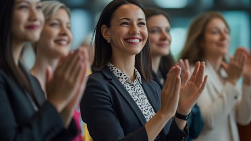 group of women business professionals cheering