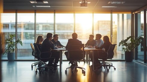 businesspeople meeting around a table in a sunny business conference room