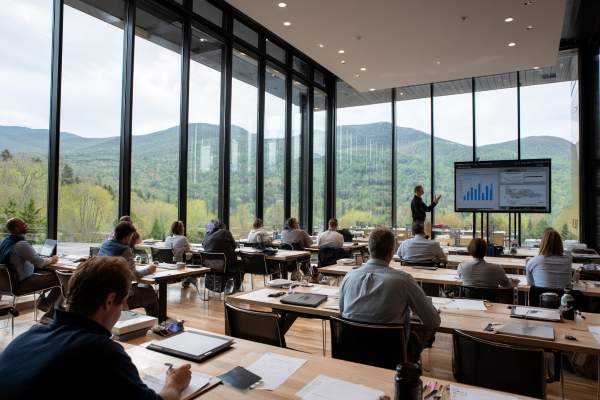 business people attending a class in a classroom overlooking Vermont mountains