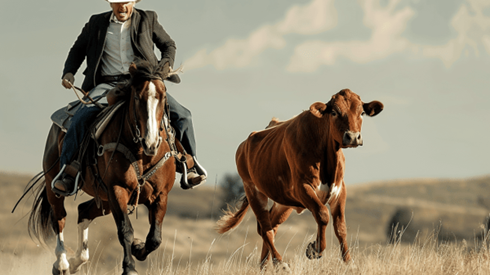 A cowboy wearing a suit rides a horse after a cow