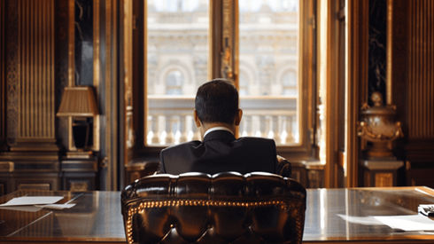 View of a businessman from beind sitting at a fancy wooden desk in an opulent office