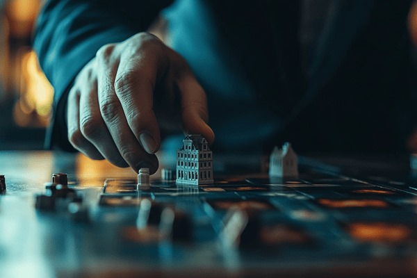 A businessman in a dark blue suit moving a building gamepiece on a game board