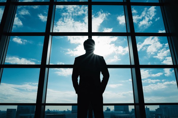 A silhouette of a businessman from behind standing in front of an office window