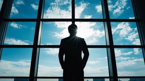 A silhouette of a businessman from behind standing in front of an office window