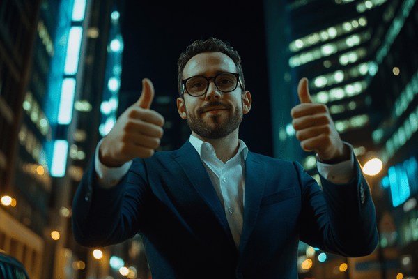 A businessman in a dark blue suit holding two thumbs up in front of skyscrapers