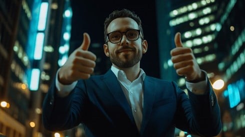 A businessman in a dark blue suit holding two thumbs up in front of skyscrapers