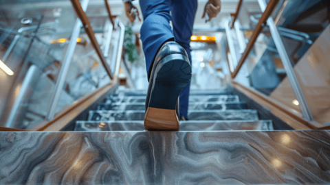 Upward perspective from behind of a businessman in a blue suit walking up a staircase in an office
