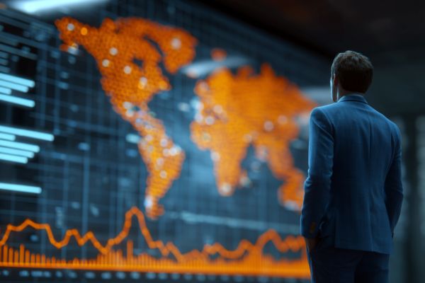 businessperson in a blue suit looking at a digital orange world map on a wall