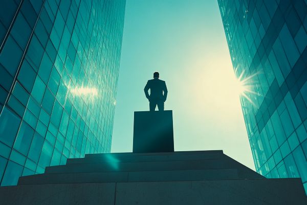 businessman on top of a podium surrounded by glass offices