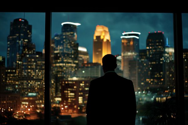 silhouette of a businessman overlooking Minneapolis at night