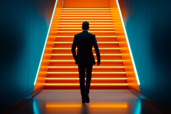 businessman walking up orange stairs