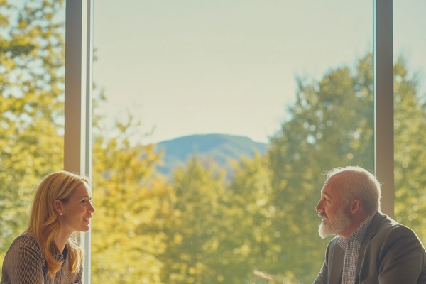 A businessman and a businesswoman talking in front of a window showing mountains and trees