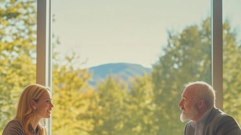 A businessman and a businesswoman talking in front of a window showing mountains and trees