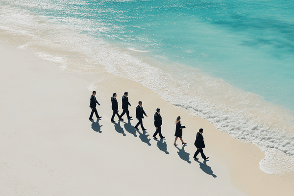 A group of businesspeople in suits walking on a beach in Bermuda