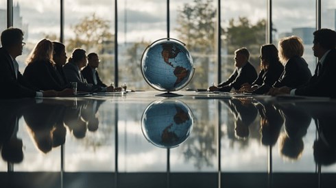 A group of businesspeople seated at a glass conference table talking to each other with a globe in the middle of the table