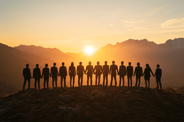 A group of businesspeople standing in a line holding hands on the ridge of a mountain as the sun rises behind the mountains