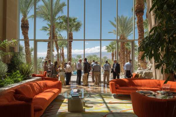 businesspeople gathering in a hotel lobby, palm trees and desert seen through the windows