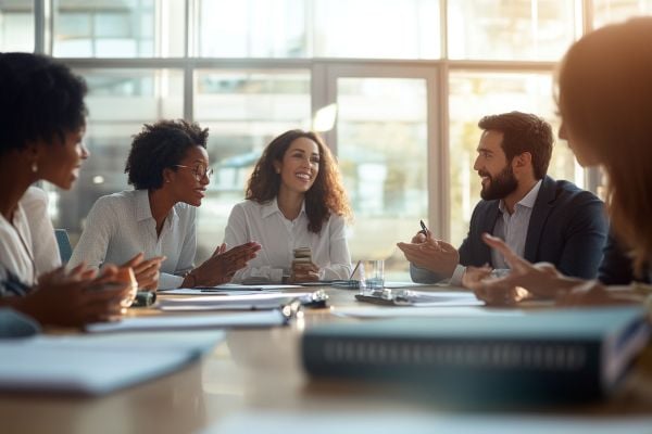 businesspeople happily chatting around a conference table