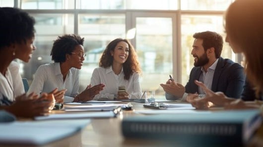 businesspeople happily chatting around a conference table