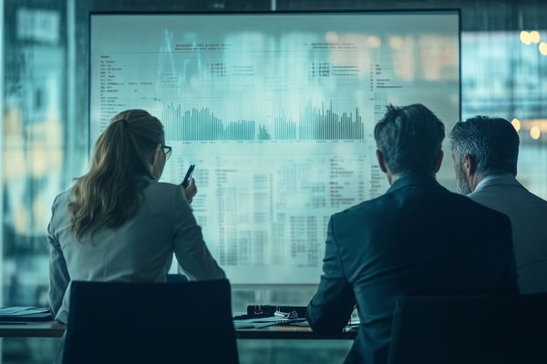 three businesspeople looking at data on a whiteboard