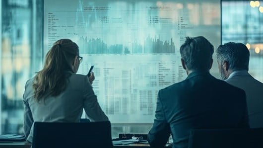 three businesspeople looking at data on a whiteboard