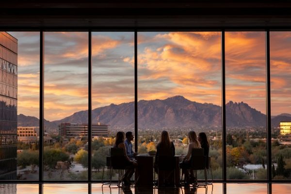 businesspeople sitting at a round table in front of tall windows overlooking the Phoenix Arizona skyline and mountains