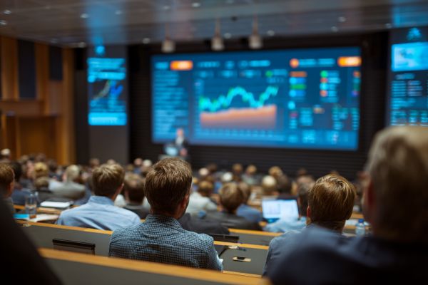 business people watching a screen with math and charts in a large auditorium