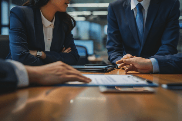 Businesspeople talking around a conference table