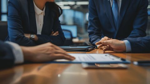 Businesspeople talking around a conference table