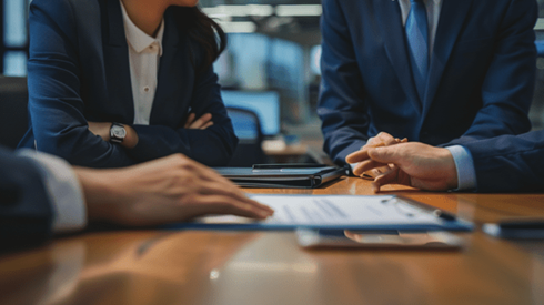 Businesspeople talking around a conference table