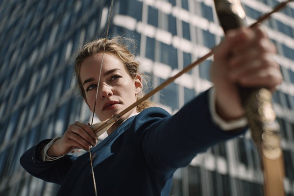 A businesswoman in a dark blue suit shooting a bow and arrow in front of an office building