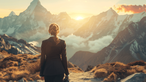 Businesswoman carrying a briefcase about to hike to the top of a mountain